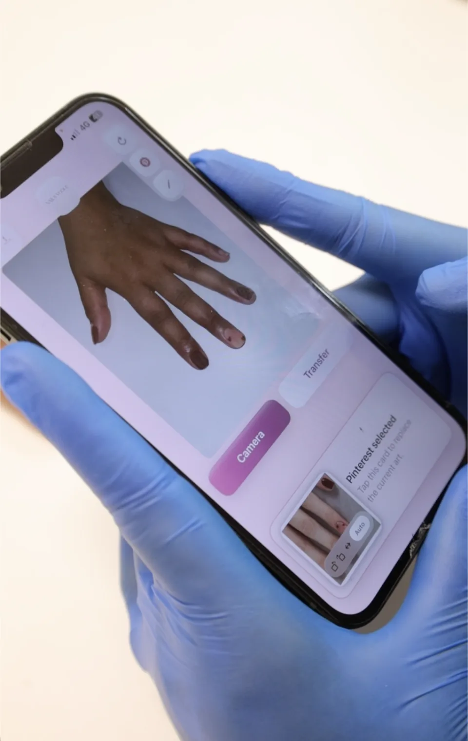 A phone shows a nail preview and reference artwork during design selection.
