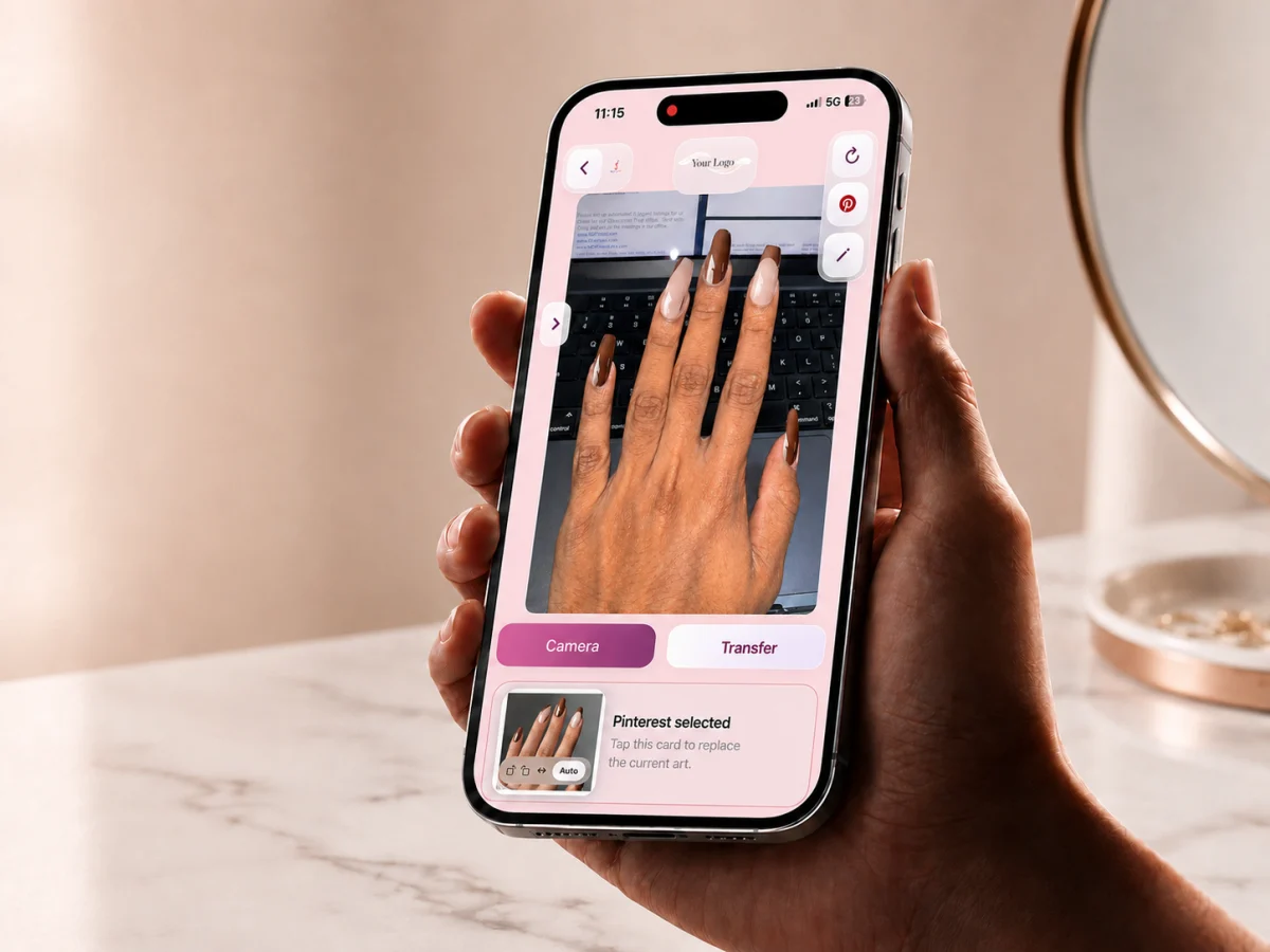 Client holding a phone with the final NailTry AR design selected