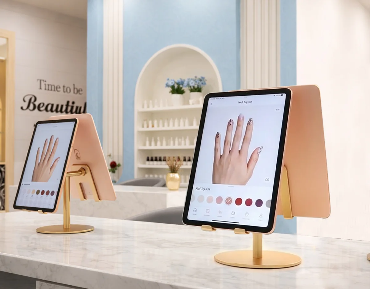 Nail try-on station inside a salon with tablet displays