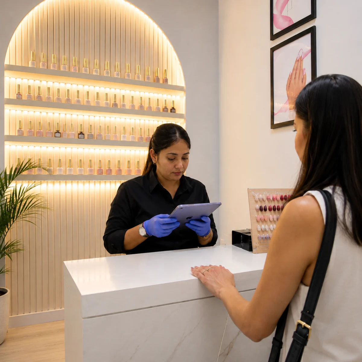 Nail technician using an iPad during a client consultation